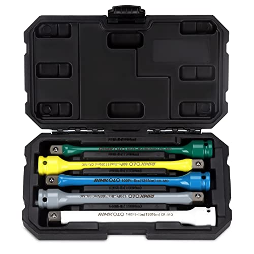 RIMKOLO 1/2" Drive Torque Limiting Extension Bar Set, 5-Piece Impact Torque Limiter Set with 8 Inch Color-Coded CR-MO Torque Sticks 65 to 140 Ft-Lbs for Locking Lug Nuts - Image 1