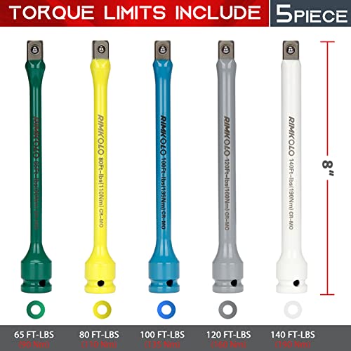 RIMKOLO 1/2" Drive Torque Limiting Extension Bar Set, 5-Piece Impact Torque Limiter Set with 8 Inch Color-Coded CR-MO Torque Sticks 65 to 140 Ft-Lbs for Locking Lug Nuts - Image 2