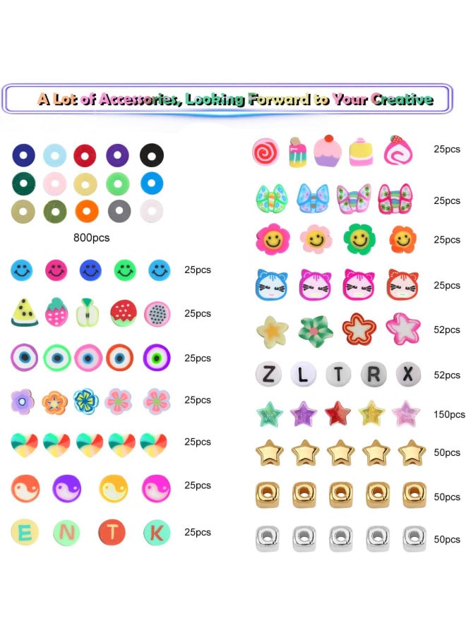 1450Pcs Fruit Smiley Clay Beads for Bracelet Making Kit Jewelry Necklace Gifts, Handmade Polymer Beads with Colored Stars, Letters and Crystal Elastic String - Image 2