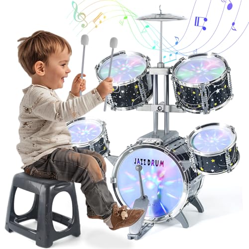 CAPTAIN CHAOWING Kids Drum Set for Toddlers 13 Upgraded Jazz Drum Set for Kids Musical Instrument Toys Lights All Plastic Percussion Beginner kit for Boys Girls Toddlers Aged 35 57 - Image 1
