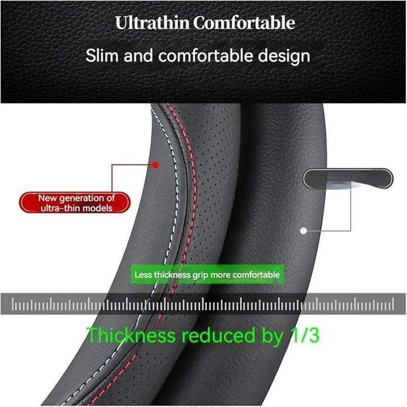 Carbon Fiber Black Leather Steering Wheel Cover Non Slip Breathable All Season Fit - Image 4