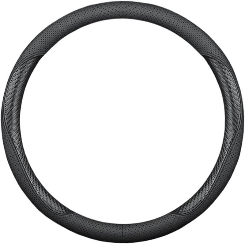 Carbon Fiber Black Leather Steering Wheel Cover Non Slip Breathable All Season Fit - Image 1
