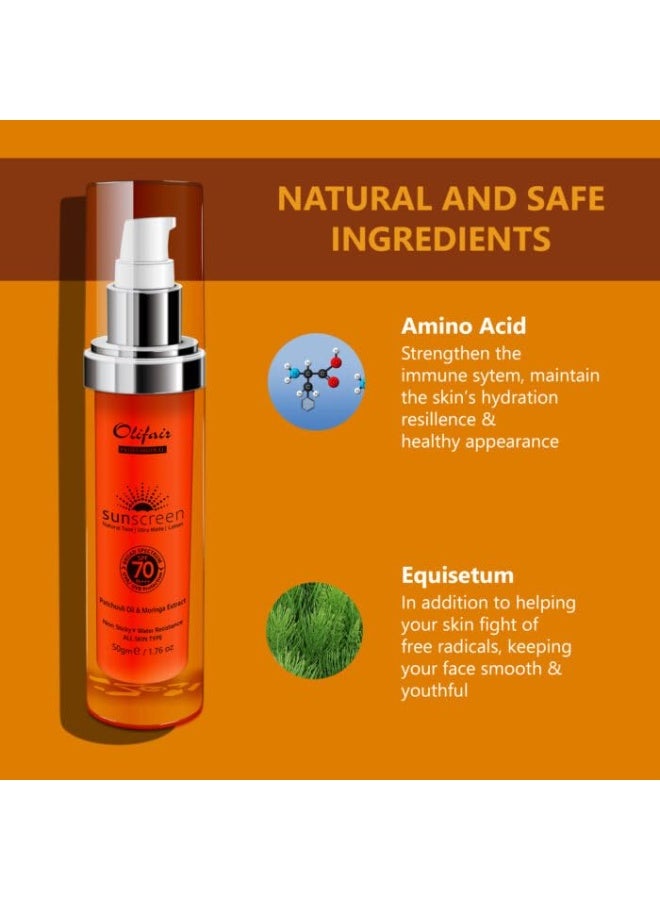 Olifair لوشن واقي شمس أوليفير ألترا ماتي SPF 70++ مع زيت الباتشولي، غير لزج ودسم، لجميع أنواع البشرة - 50 جرام - Image 3
