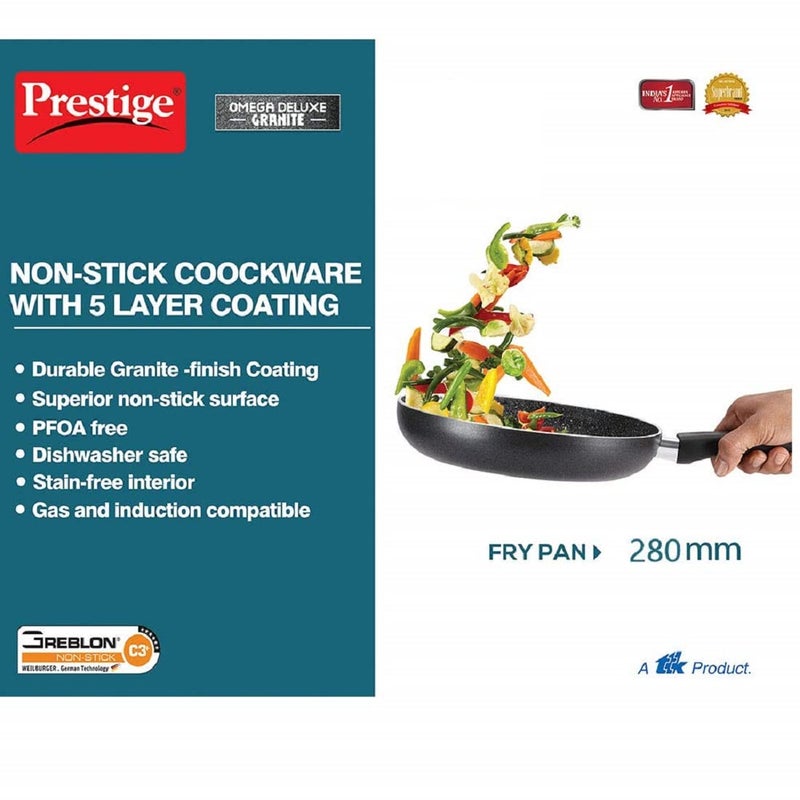 Prestige Omega Deluxe Granite Non-Stick Round Base Fry Pan, 28cm - 3L |Metal Spoon Friendly |Aluminium|Durable Granite Finish|Black - Image 3