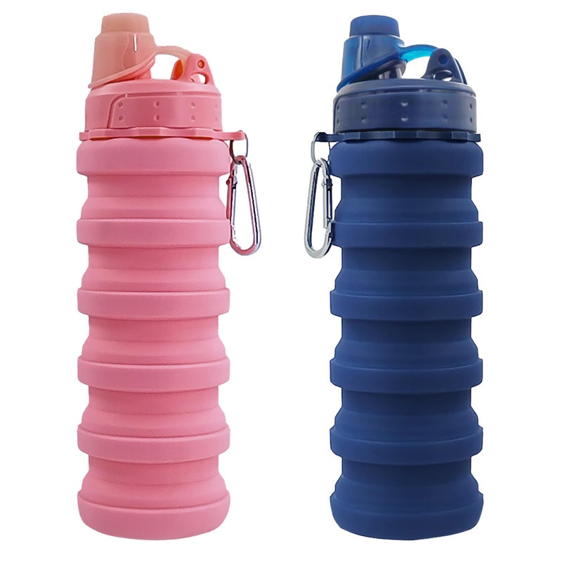 YCTMALL Collapsible Water Bottles Two Pack Travel Sports Portable Sport Water Bottle comes with mountaineering Buckle 500ml silicone Water-proof camping water bottle (Dark Blue and Pink Color) - Image 1