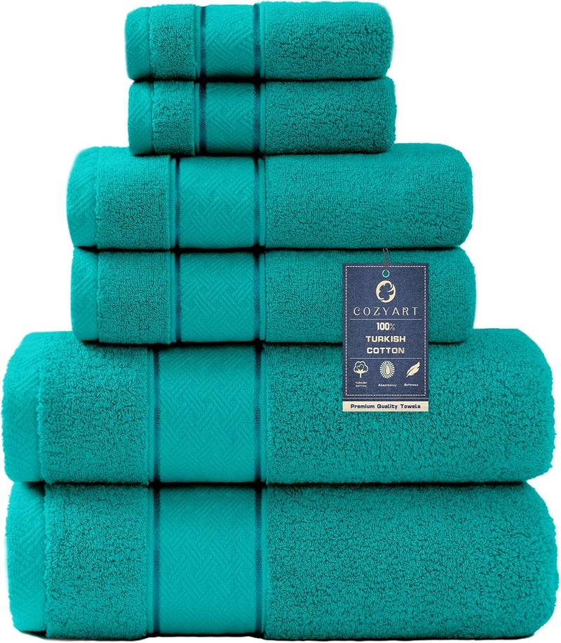 COZYART Turquoise Bath Towels Set 6 Piece, Luxury 100% Turkish Cotton 650GSM Hotel Quality, Soft, Absorbent,Towel Sets for Bathroom | 2 Bath Towels 2 Hand Towels 2 Washcloths - Image 1