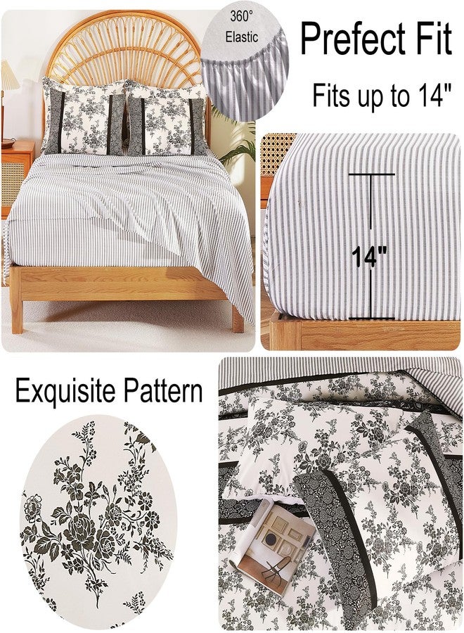 Cmfshape Queen Floral Comforter Set - 7 Piece Black and White Peony Striped Printed Comforter,Reversible Floral Bedding Comforter Set with Comforter,Flat Sheet,Fitted Sheet and Pillowcases & Shams(90"x90") - Image 3