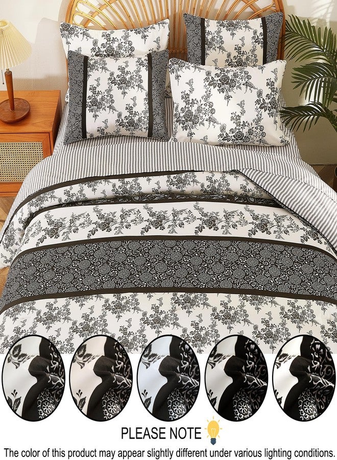 Cmfshape Queen Floral Comforter Set - 7 Piece Black and White Peony Striped Printed Comforter,Reversible Floral Bedding Comforter Set with Comforter,Flat Sheet,Fitted Sheet and Pillowcases & Shams(90"x90") - Image 5