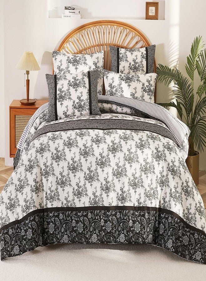 Cmfshape Queen Floral Comforter Set - 7 Piece Black and White Peony Striped Printed Comforter,Reversible Floral Bedding Comforter Set with Comforter,Flat Sheet,Fitted Sheet and Pillowcases & Shams(90"x90") - Image 1