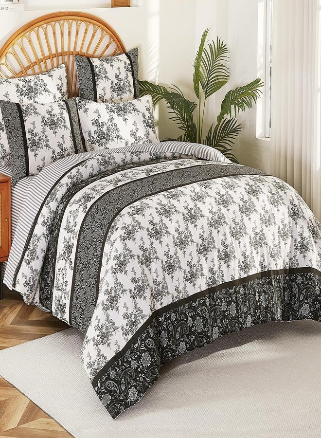 Cmfshape Queen Floral Comforter Set - 7 Piece Black and White Peony Striped Printed Comforter,Reversible Floral Bedding Comforter Set with Comforter,Flat Sheet,Fitted Sheet and Pillowcases & Shams(90"x90") - Image 2