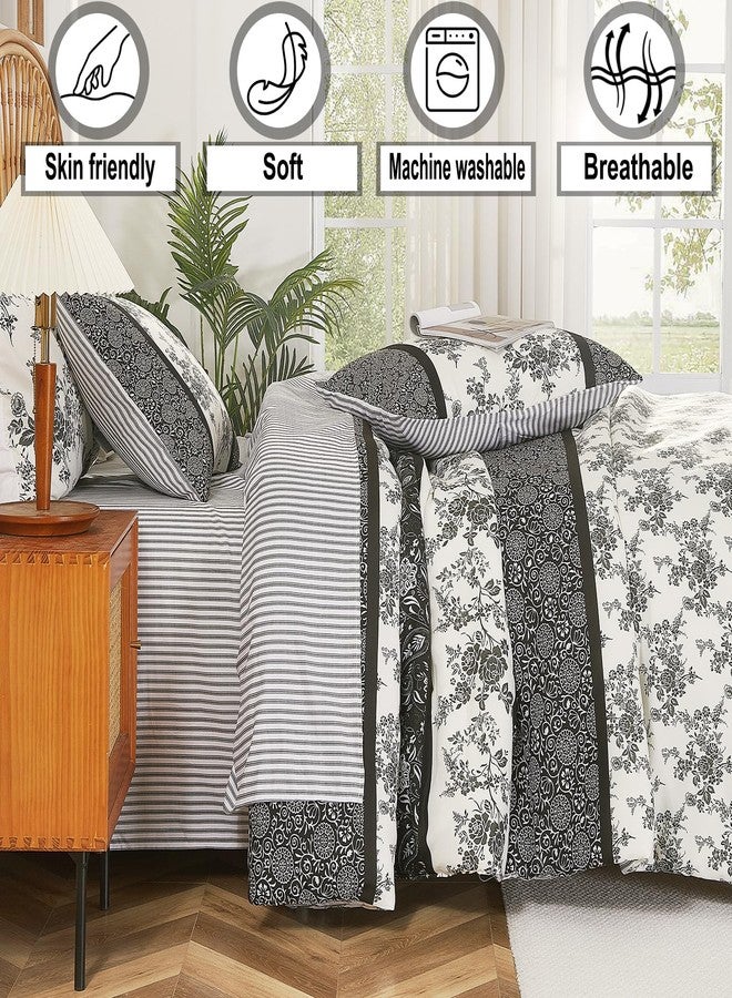 Cmfshape Queen Floral Comforter Set - 7 Piece Black and White Peony Striped Printed Comforter,Reversible Floral Bedding Comforter Set with Comforter,Flat Sheet,Fitted Sheet and Pillowcases & Shams(90"x90") - Image 4