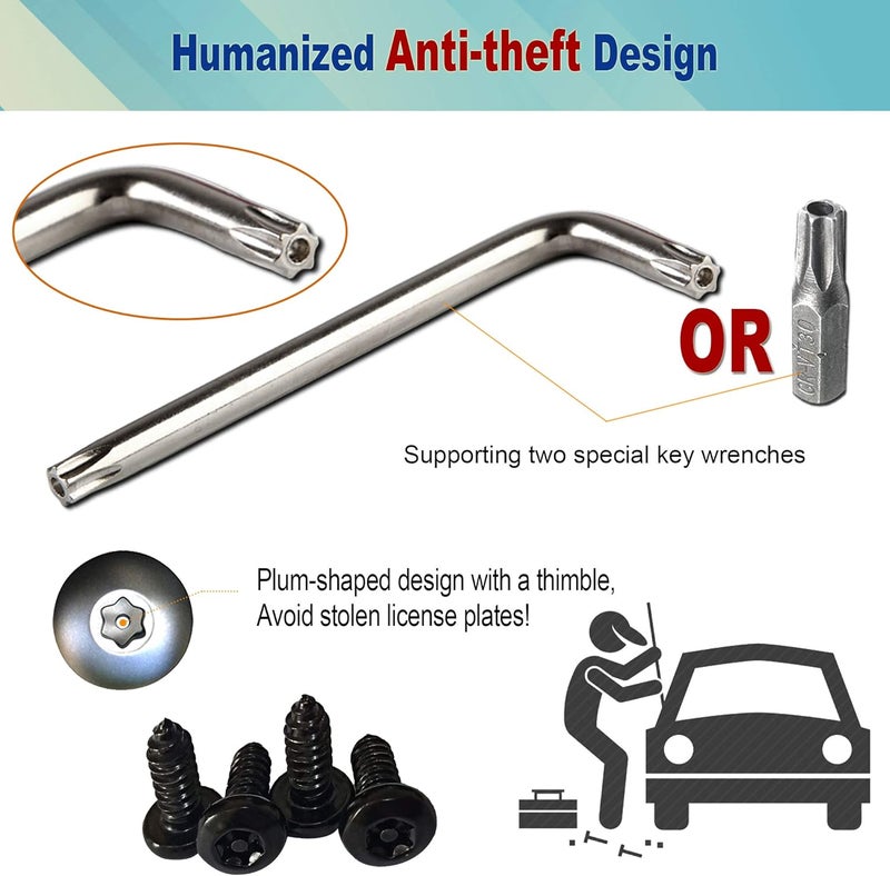 BGGTMO Black License Plate Screws- Stainless Steel Plate Mounting Hardware for Car Tag Frame, Anti-Theft Security Self-Tapping Screws Fit Front Bumper, with Matte Black Caps, Insert Fasteners - Image 3