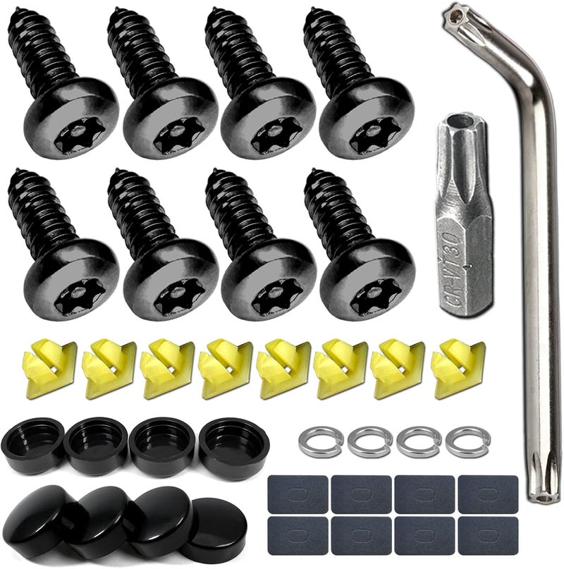 BGGTMO Black License Plate Screws- Stainless Steel Plate Mounting Hardware for Car Tag Frame, Anti-Theft Security Self-Tapping Screws Fit Front Bumper, with Matte Black Caps, Insert Fasteners - Image 1