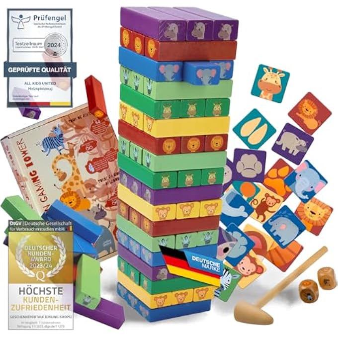 ® WOODEN CHILDREN'S TOY STACKING TOWER, WOBBLE TOWER STACKING GAME, MONTESSORI EDUCATIONAL TOY, TOWER GAME WITH 54 COLOURFUL BUILDING BLOCKS WITH ANIMAL MOTIFS FROM 3 YEARS - Image 1