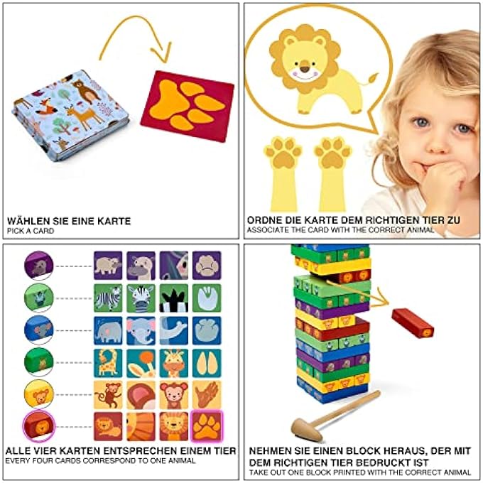 ® WOODEN CHILDREN'S TOY STACKING TOWER, WOBBLE TOWER STACKING GAME, MONTESSORI EDUCATIONAL TOY, TOWER GAME WITH 54 COLOURFUL BUILDING BLOCKS WITH ANIMAL MOTIFS FROM 3 YEARS - Image 4