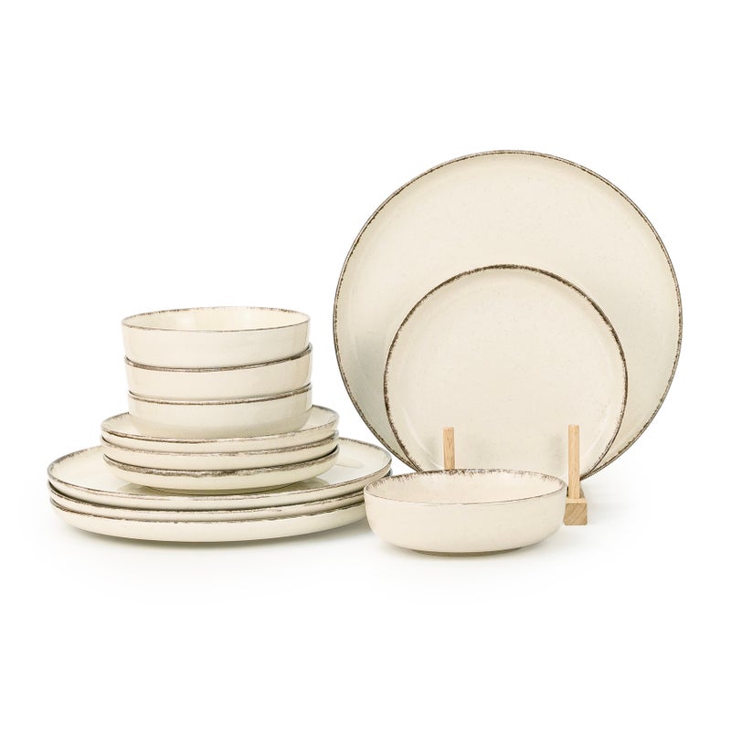 Shallow Stoneware NIO 12 Pc Dinner Set, Beige | Rustic Speckled Dinnerware Set with Brown Rim Plates, Side Plate, Bowl Set for 4 People Lightweight Stackable Tableware for Modern Home Dining - Image 1