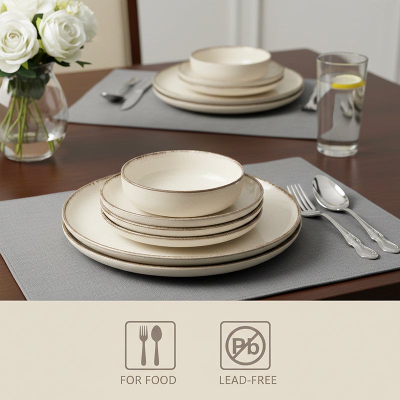 Shallow Stoneware NIO 12 Pc Dinner Set, Beige | Rustic Speckled Dinnerware Set with Brown Rim Plates, Side Plate, Bowl Set for 4 People Lightweight Stackable Tableware for Modern Home Dining - Image 2