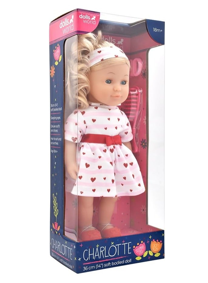 dolls world Charlotte Doll by Peterkin – 14" Soft Bodied Doll with Golden Hair, Deluxe Outfit, Shoes & Hair Accessories – Ages 18 Months+ - Image 3