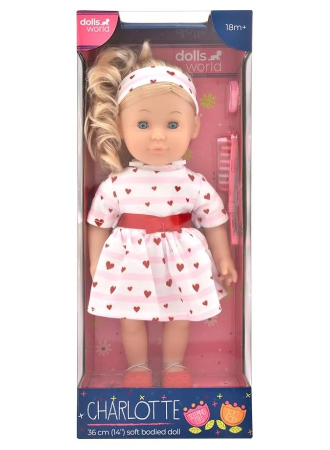 dolls world Charlotte Doll by Peterkin – 14" Soft Bodied Doll with Golden Hair, Deluxe Outfit, Shoes & Hair Accessories – Ages 18 Months+ - Image 1