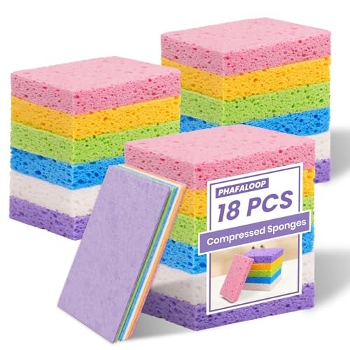 Phafaloop 18 Pack Compressed Cellulose Sponges, 6 Color Assorted Kitchen Cleaning Sponges, Natural Wood Pulp, Scratch-Free, Durable & Reusable, Multipurpose Household & Dishwasher Safe - Image 1