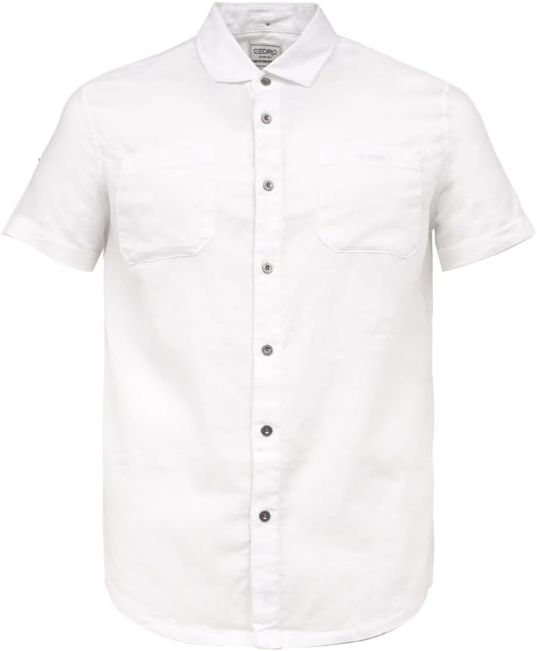 CEDRO قميص قصير الأكمام من الكتان القطني للرجال من سيدرو باللون الأبيض - مقاس عادي - Image 1