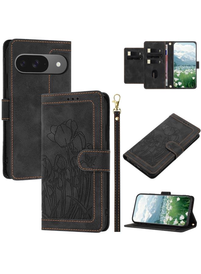 The Bros Phone Case For Google Pixel 9 / 9 Pro Tulips Embossed Leather Phone Phone Case with Lanyard - Image 1