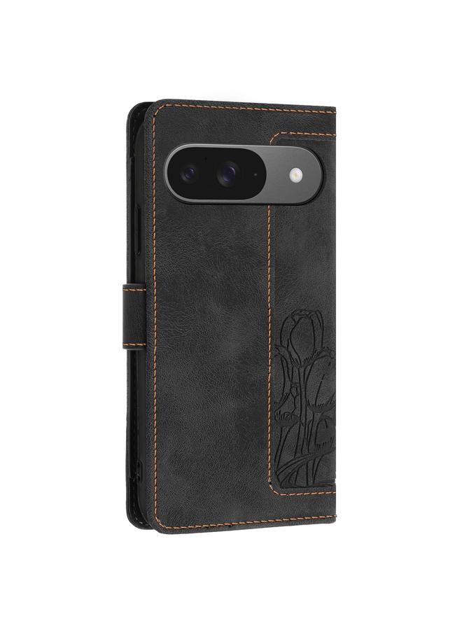 The Bros Phone Case For Google Pixel 9 / 9 Pro Tulips Embossed Leather Phone Phone Case with Lanyard - Image 3