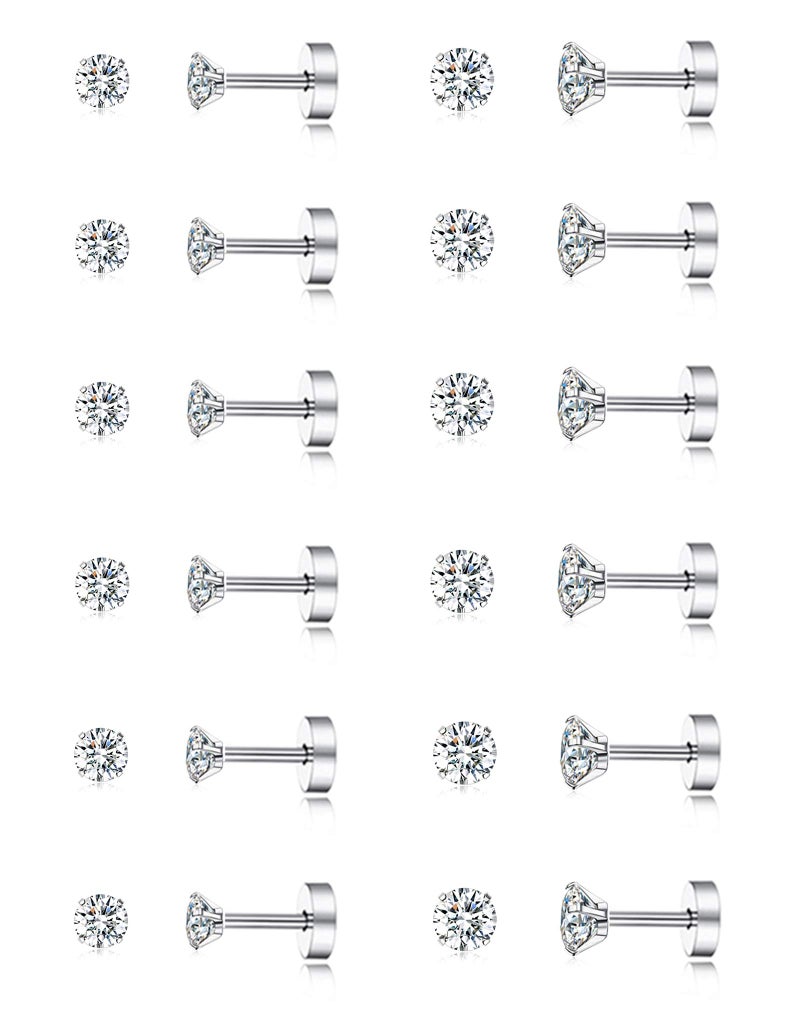 Tornito 12 Pairs Tiny Stud Earrings Stainless Steel Round Cubic Zirconia Barbell Stud Earrings Set For Men Women Screw Flat Back Earrings 2MM-3MM 20G