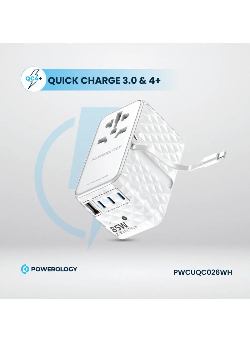 محول GaN عالمي 85 وات × 3 منافذ من النوع C ومنفذ USB A 15 وات × 1 مع كابل Type-C متصل / شحن سريع PD 70 وات / كابل Type-C قابل للسحب - أبيض