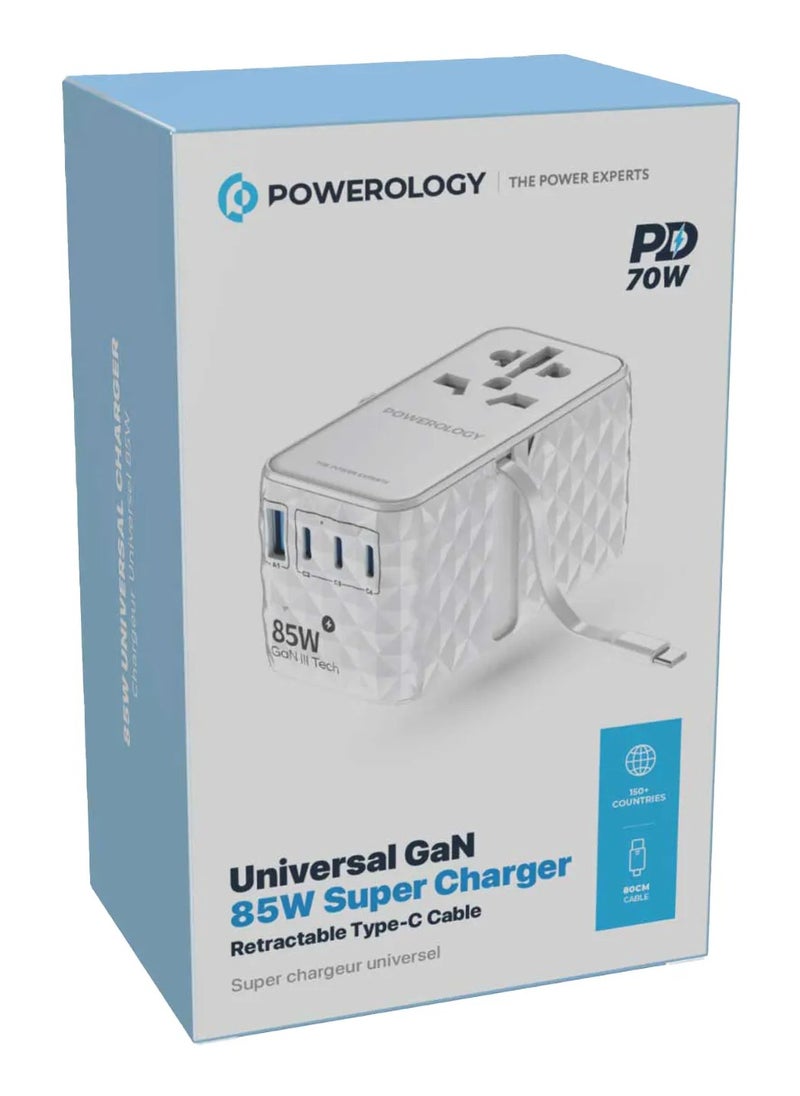 محول GaN عالمي 85 وات × 3 منافذ من النوع C ومنفذ USB A 15 وات × 1 مع كابل Type-C متصل / شحن سريع PD 70 وات / كابل Type-C قابل للسحب - أبيض