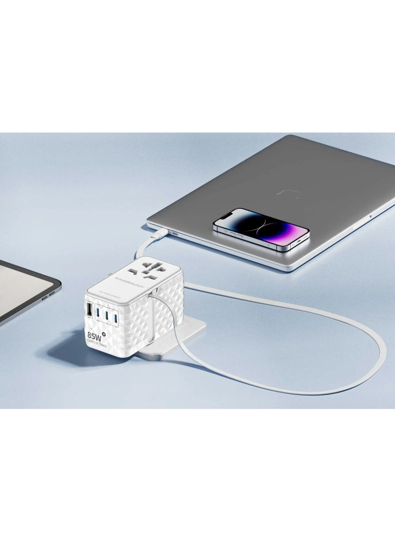 محول GaN عالمي 85 وات × 3 منافذ من النوع C ومنفذ USB A 15 وات × 1 مع كابل Type-C متصل / شحن سريع PD 70 وات / كابل Type-C قابل للسحب - أبيض