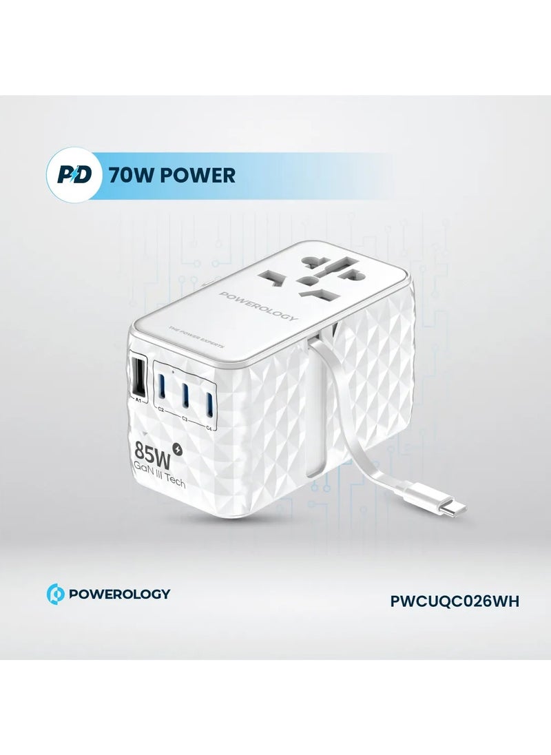 محول GaN عالمي 85 وات × 3 منافذ من النوع C ومنفذ USB A 15 وات × 1 مع كابل Type-C متصل / شحن سريع PD 70 وات / كابل Type-C قابل للسحب - أبيض