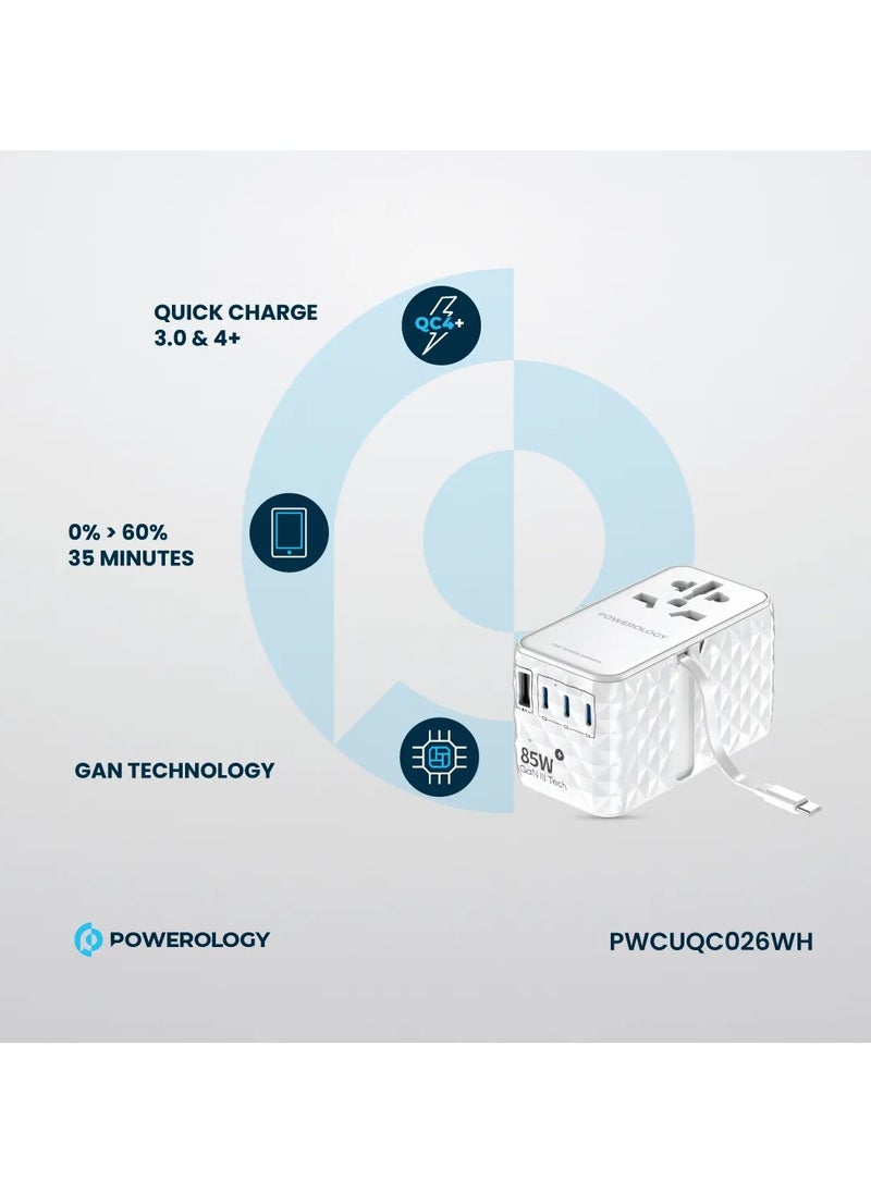 Powerology Universal GaN Adapter 85W x3 Type C Port and x1 USB A 15W Port with Attached Type-C Cable / PD 70W Fast Charging / Retractable Type-C Cable - White  - Image 2