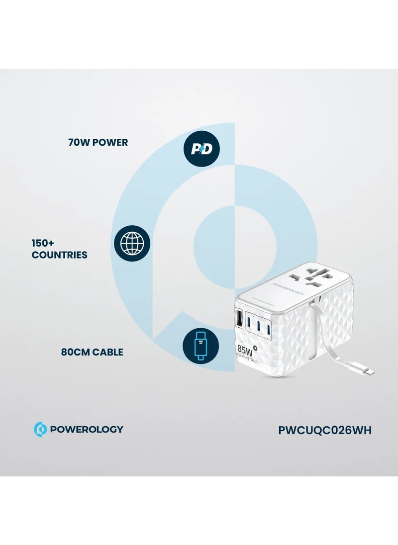 Powerology Universal GaN Adapter 85W x3 Type C Port and x1 USB A 15W Port with Attached Type-C Cable / PD 70W Fast Charging / Retractable Type-C Cable - White  - Image 3