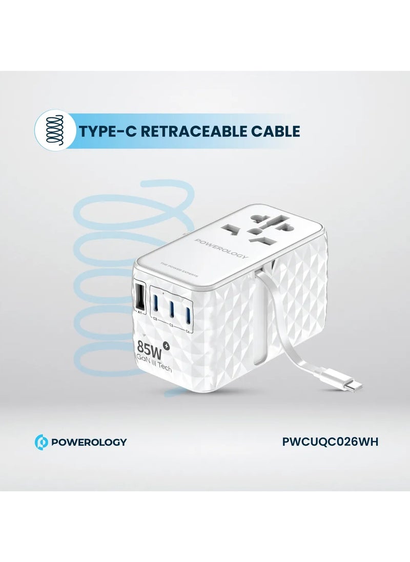 محول GaN عالمي 85 وات × 3 منافذ من النوع C ومنفذ USB A 15 وات × 1 مع كابل Type-C متصل / شحن سريع PD 70 وات / كابل Type-C قابل للسحب - أبيض