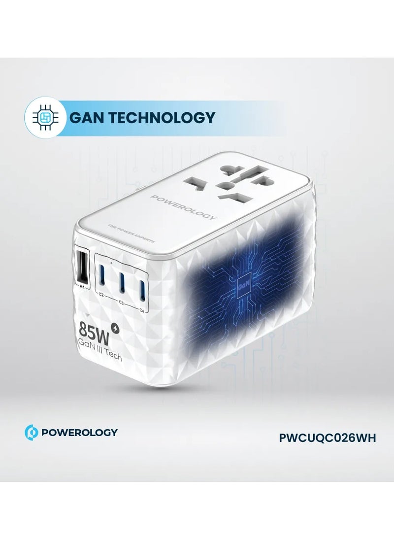 محول GaN عالمي 85 وات × 3 منافذ من النوع C ومنفذ USB A 15 وات × 1 مع كابل Type-C متصل / شحن سريع PD 70 وات / كابل Type-C قابل للسحب - أبيض