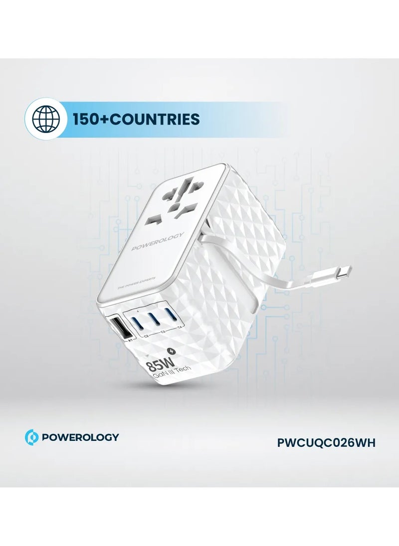 محول GaN عالمي 85 وات × 3 منافذ من النوع C ومنفذ USB A 15 وات × 1 مع كابل Type-C متصل / شحن سريع PD 70 وات / كابل Type-C قابل للسحب - أبيض