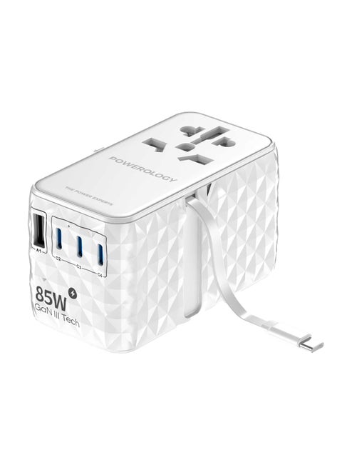 محول GaN عالمي 85 وات × 3 منافذ من النوع C ومنفذ USB A 15 وات × 1 مع كابل Type-C متصل / شحن سريع PD 70 وات / كابل Type-C قابل للسحب - أبيض