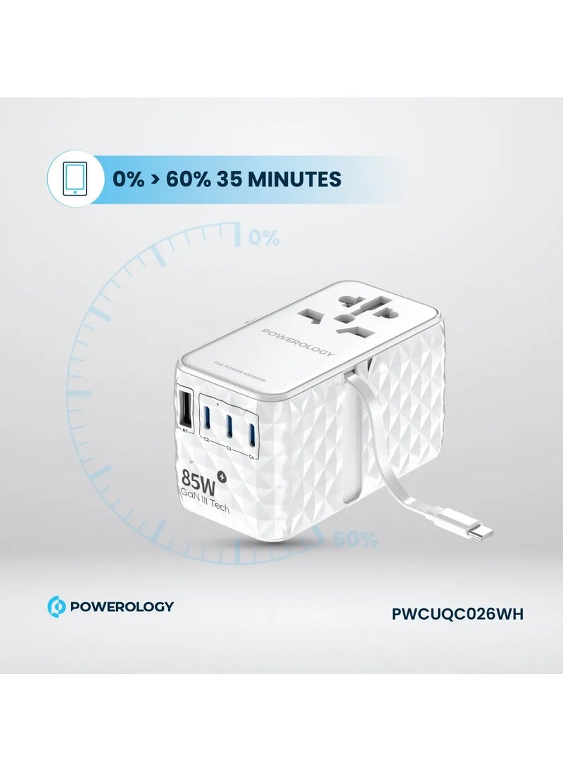 Powerology Universal GaN Adapter 85W x3 Type C Port and x1 USB A 15W Port with Attached Type-C Cable / PD 70W Fast Charging / Retractable Type-C Cable - White  - Image 5