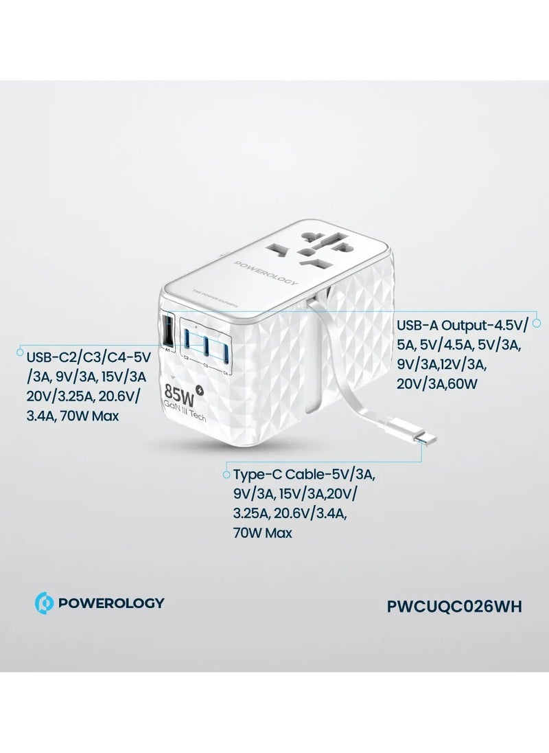 محول GaN عالمي 85 وات × 3 منافذ من النوع C ومنفذ USB A 15 وات × 1 مع كابل Type-C متصل / شحن سريع PD 70 وات / كابل Type-C قابل للسحب - أبيض