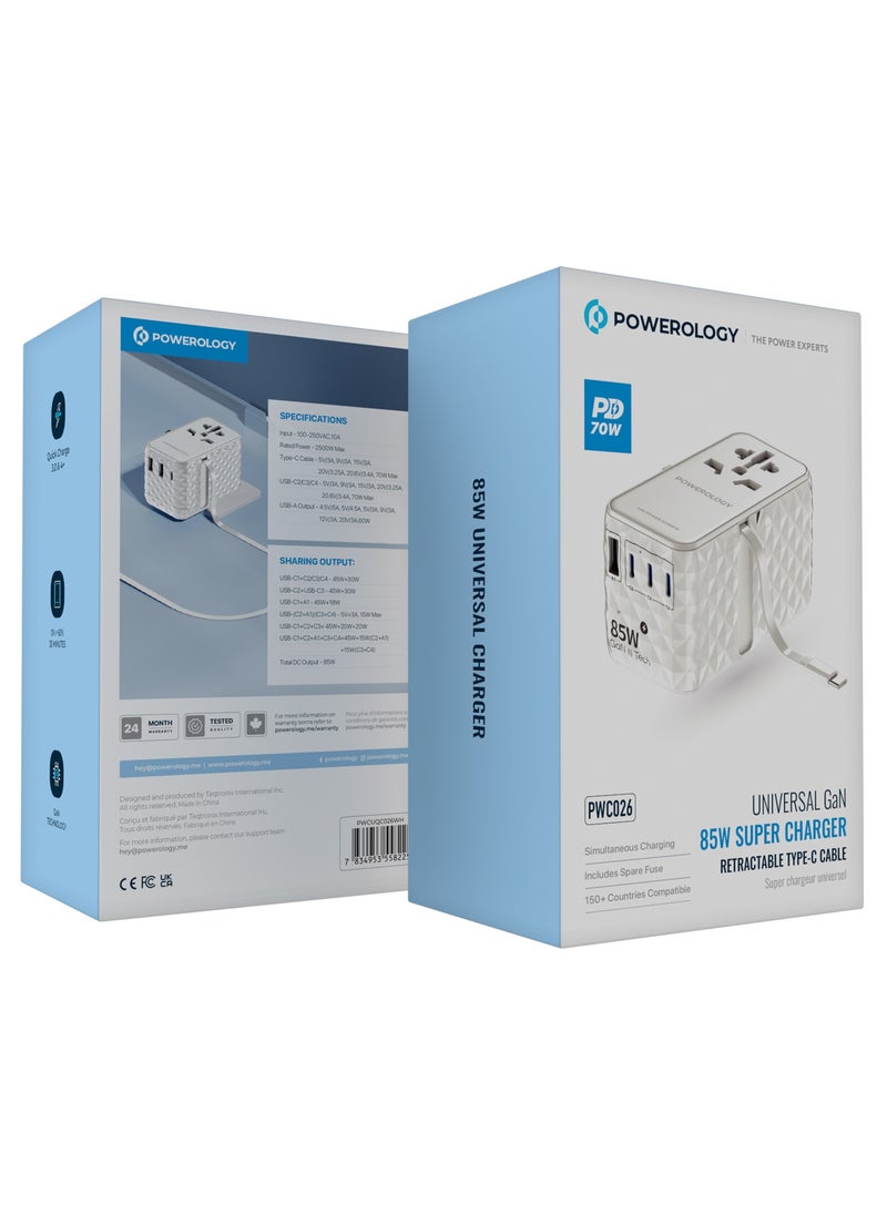 محول GaN عالمي 85 وات × 3 منافذ من النوع C ومنفذ USB A 15 وات × 1 مع كابل Type-C متصل / شحن سريع PD 70 وات / كابل Type-C قابل للسحب - أبيض