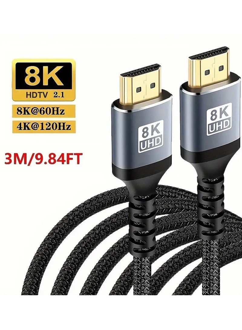 كيلا كابل HDMI 2.1 بدقة 8K بطول 3 أمتار، كابل HDMI عالي السرعة 48 جيجابت في الثانية 8K بتردد 60 هرتز، 4K بتردد 240 هرتز/144 هرتز/120 هرتز، يدعم eARC/Dolby/HDR 10+/HDCP 2.2&2.3، متوافق مع PS5/Xbox Series X/Samsung/LG 8K TV/المسرح المنزلي - Image 1