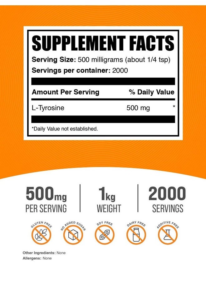BulkSupplements BulkSupplements.com L-Tyrosine Powder -Tyrosine Supplement, Tyrosine Powder, Tyrosine 500mg - Amino Acid Supplement, Unflavored & Gluten Free - 500mg per Serving, 1kg (2.2 lbs) (Pack of 1)  - Image 2