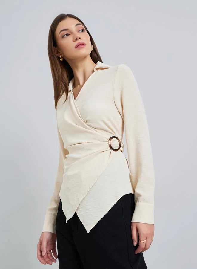 Styli Women Cream Long Sleeves Wrap Top