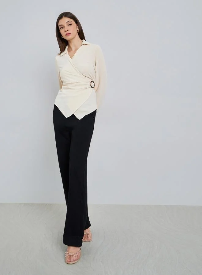 Styli Women Cream Long Sleeves Wrap Top