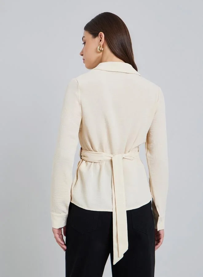 Styli  Women Cream Long Sleeves Wrap Top for Women | Best Price UAE