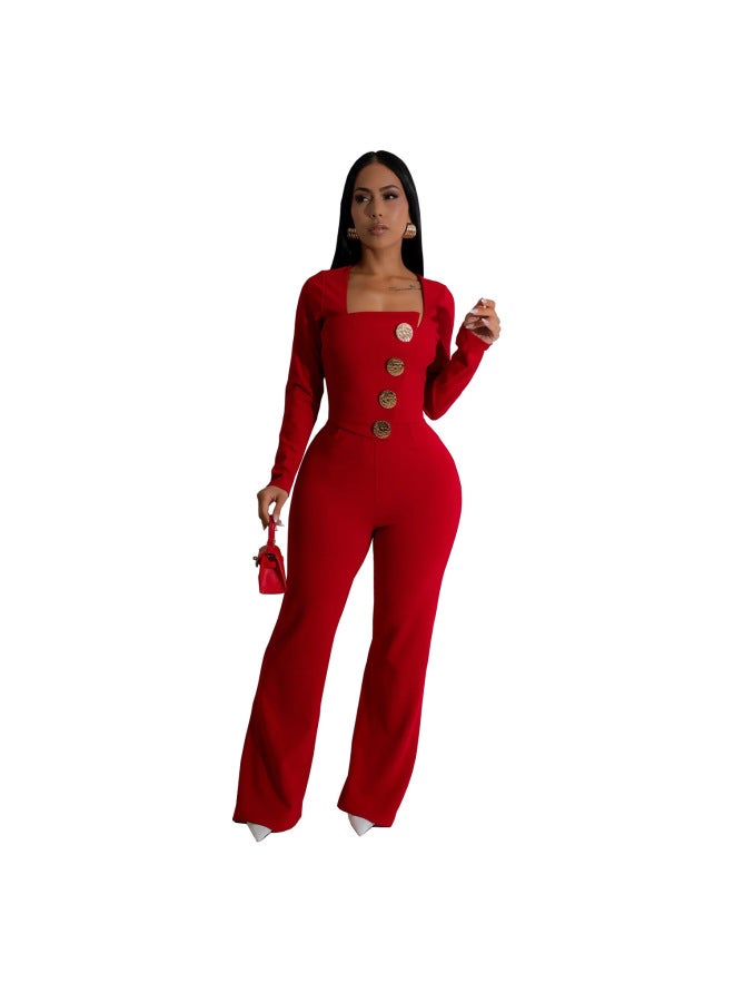 European And American Women's  Temperament Fashion Long Sleeve Bag Arm Slim Solid Color Wide Leg Pants