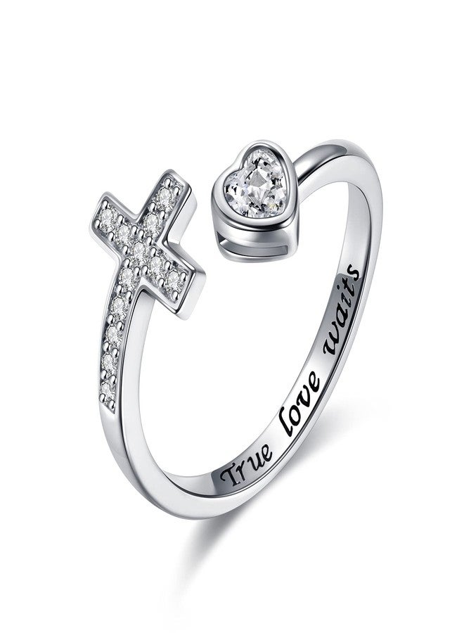 APOTIE 925 Sterling Silver Cross Ring - True Love Wait Purity Ring Cubic Zirconia Adjustable Ring Jewelry Gift for Women (True Love Wait) - Image 1