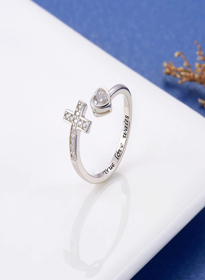 APOTIE 925 Sterling Silver Cross Ring - True Love Wait Purity Ring Cubic Zirconia Adjustable Ring Jewelry Gift for Women (True Love Wait) - Image 5