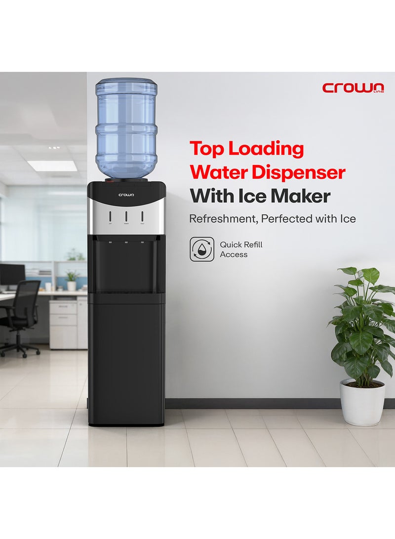 Crownline WD-464 Top Load Water Dispenser with Built-In Ice Maker (10–15 kg/24 hrs), Hot, Cold & Room Temperature Water, Compact Design with Small Storage Cabinet Crownline WD-464 Water Dispenser with built-in Ice Maker black - Image 2